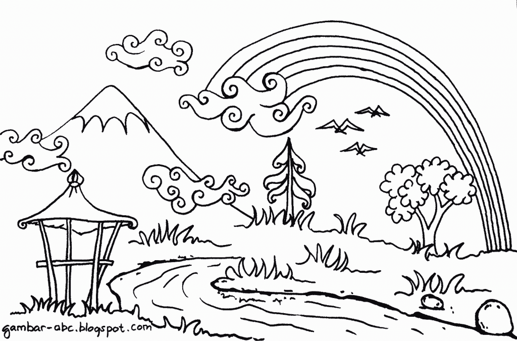 Sketsa Pemandangan Pelangi di pegunungan